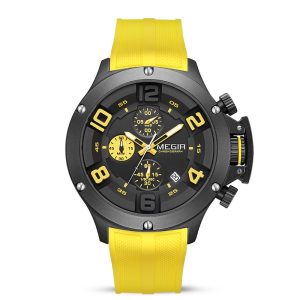 MEGIR men's sport chronograph watch with yellow silicone strap, black dial, and date display on a white background.