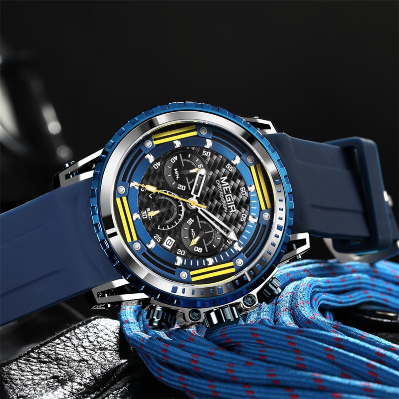 Detailed shot of MEGIR men's sport watch showcasing sub-dials, carbon fiber texture, and blue bezel with rope background