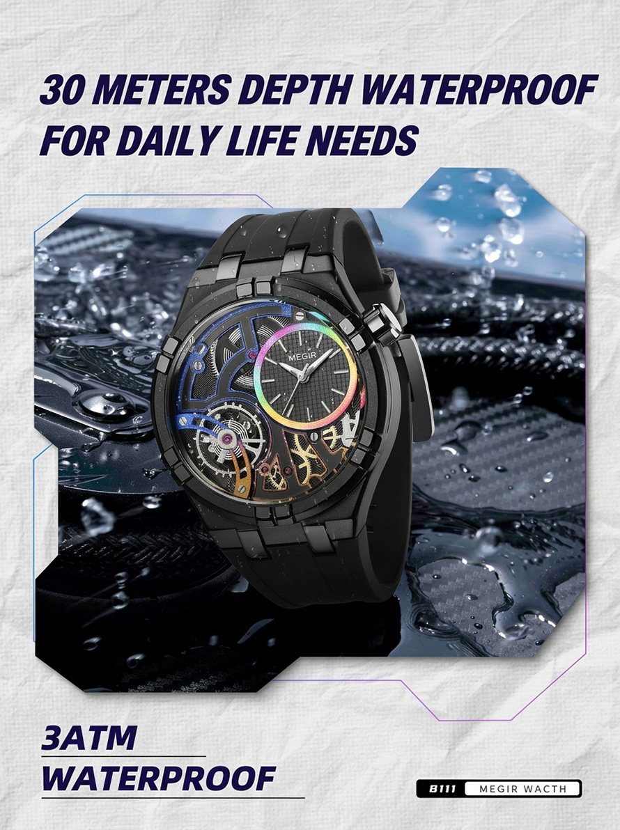 MEGIR men's skeleton watch with water droplets showing 30 meters 3ATM daily water resistance