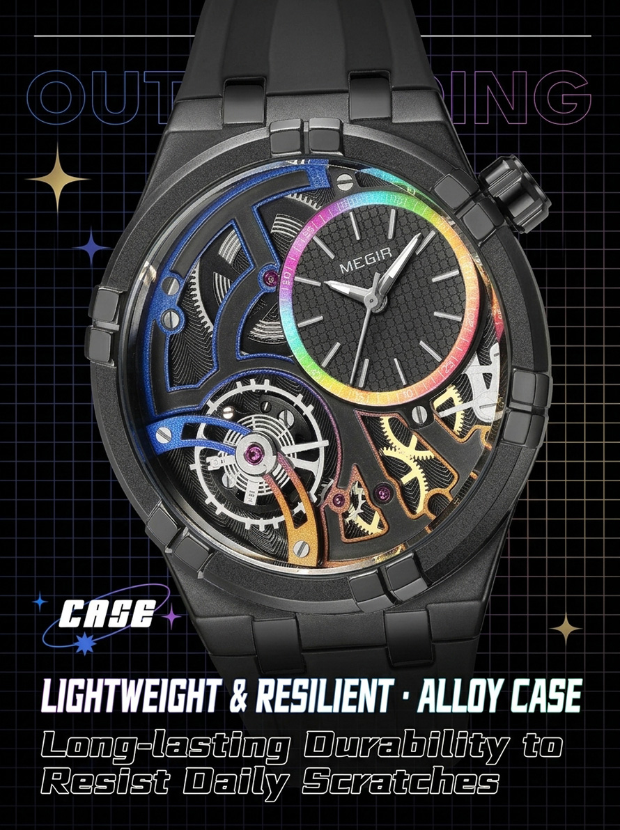 MEGIR men's sport watch featuring a durable black alloy case with colorful rainbow skeleton dial accents
