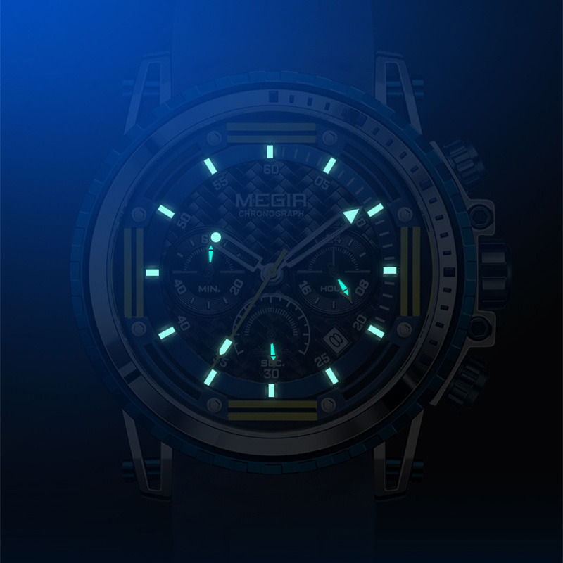 MEGIR men's chronograph watch glowing in the dark showing green luminous hands and hour markers