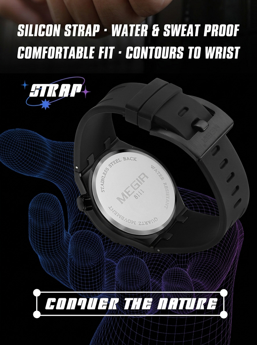 Comfortable black silicone watch strap and stainless steel case back of MEGIR men's watch