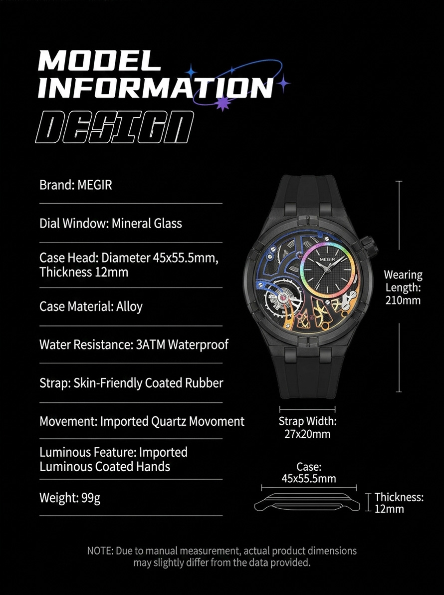 Detailed size and specification chart for MEGIR men's quartz skeleton watch