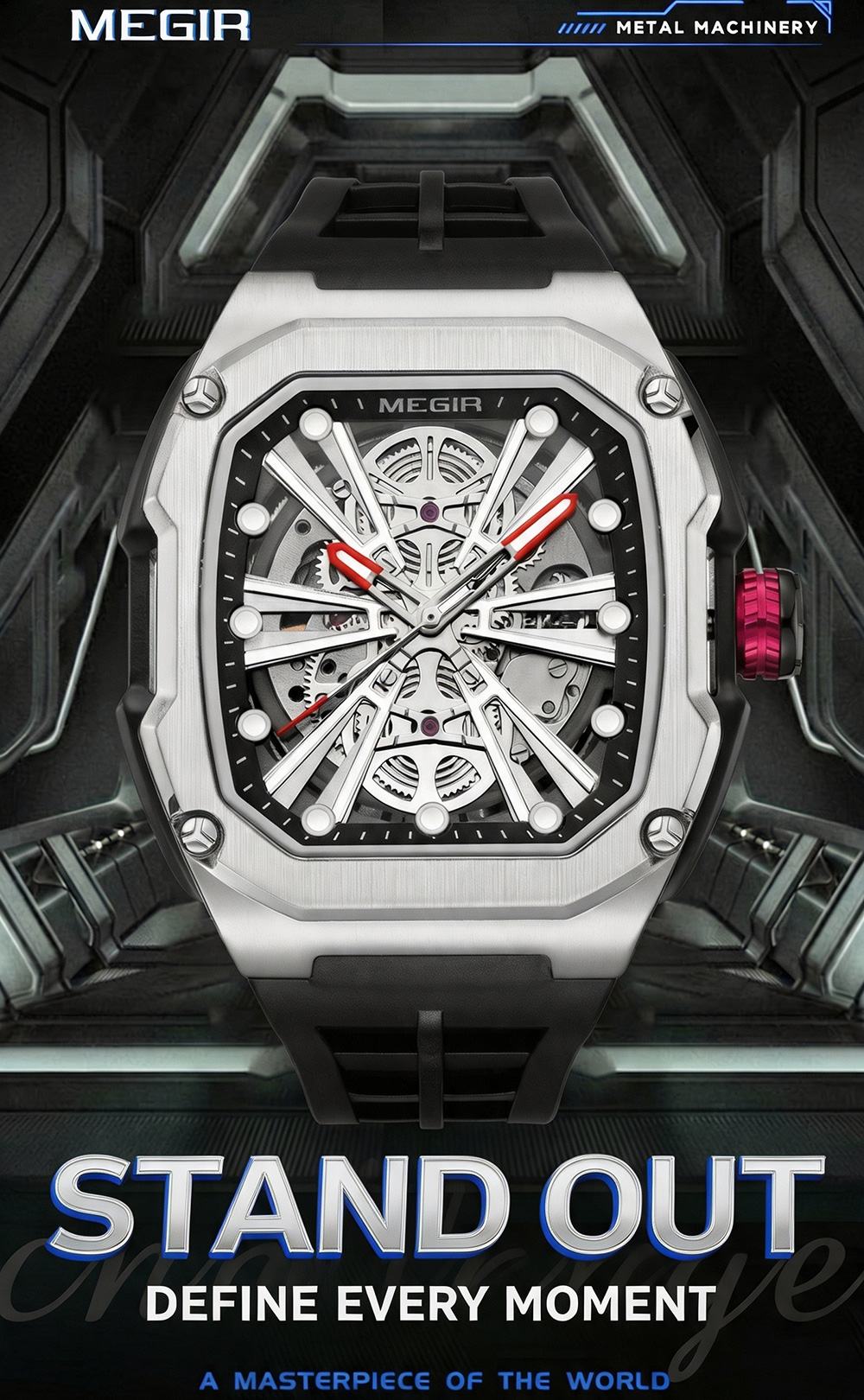 MEGIR Metal Machinery cyberpunk skeleton automatic mechanical watch in industrial background with text Stand Out Define Every Moment