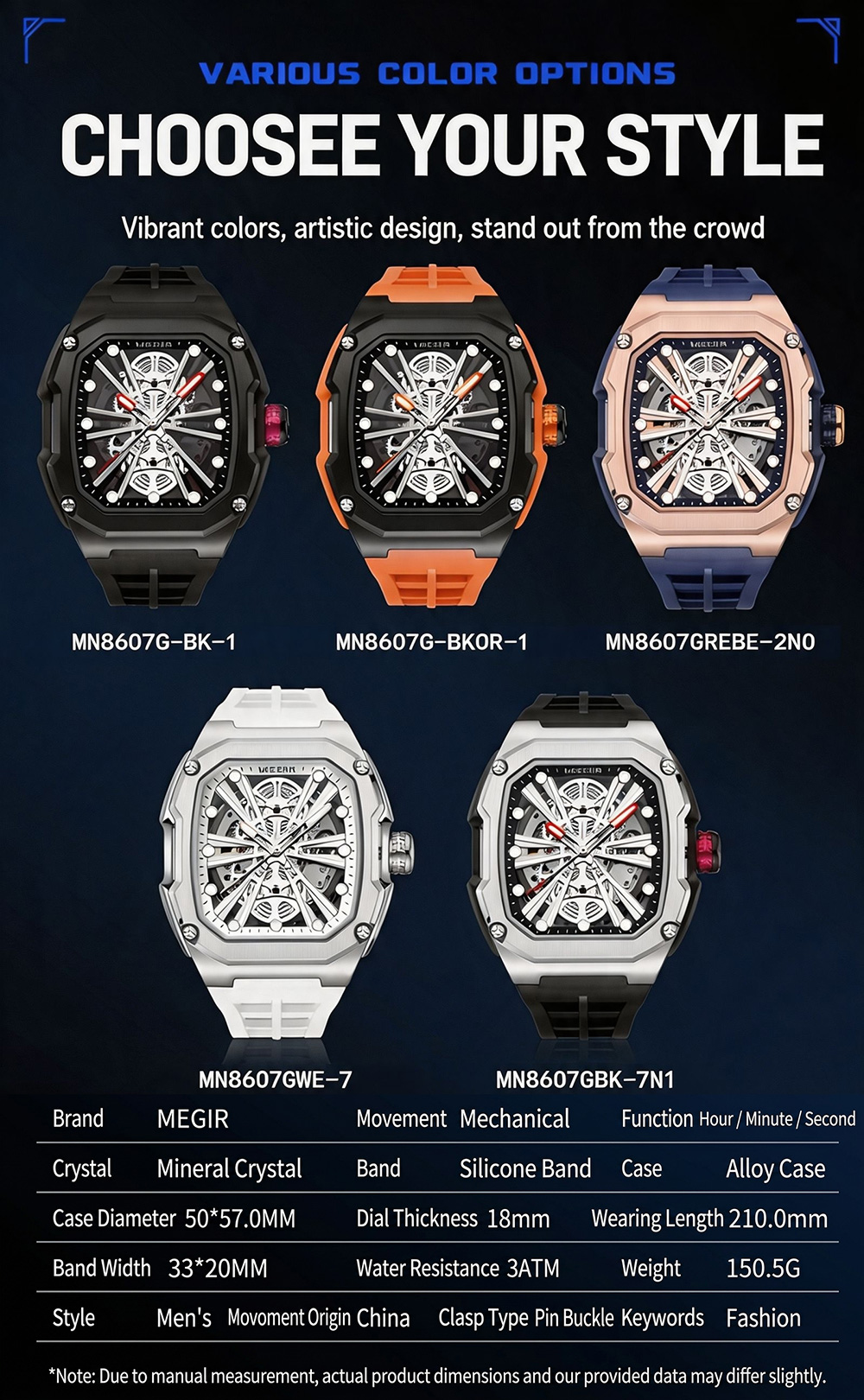 MEGIR MN8607G skeleton mechanical watch available color variants and technical specifications table