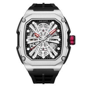 Front view of MEGIR skeleton automatic mechanical watch in silver case with black silicone strap