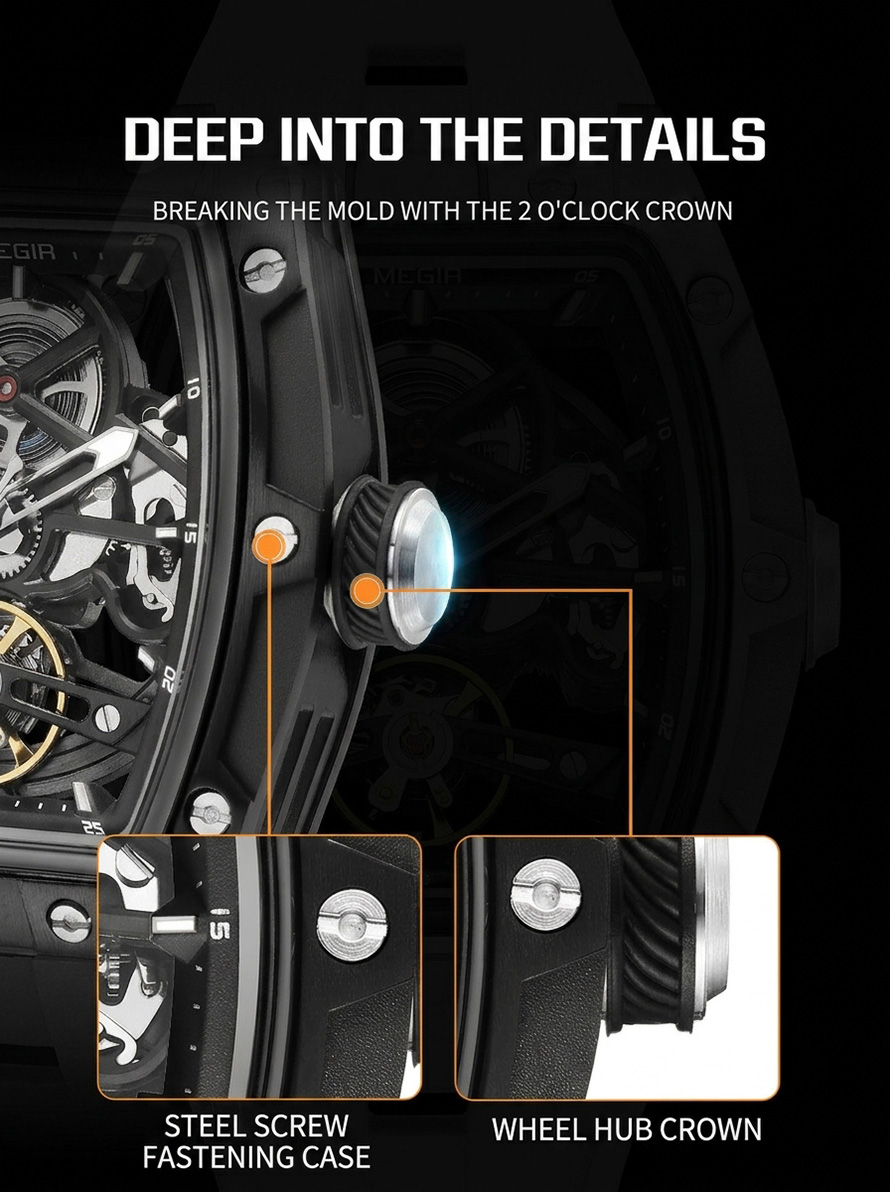 Close-up view of MEGIR watch featuring steel screw fastening case and unique wheel-hub styled watch crown.