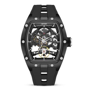 MEGIR luxury tonneau-shaped skeleton men's watch in all-black design with silicone strap on a clean white background.